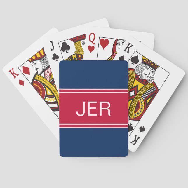 Blue & Red Custom Personalized Monogram Initials Poker Cards (Back)