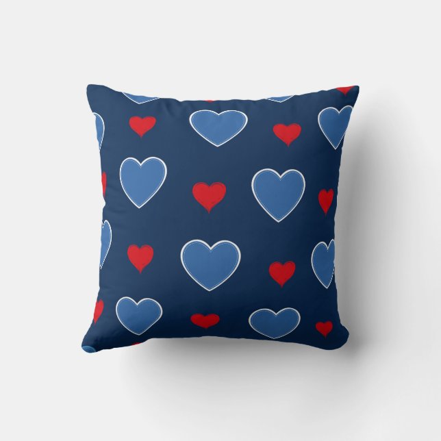 Blue Red Cute Cozy Modern Romantic Chic Heart Throw Pillow (Back)