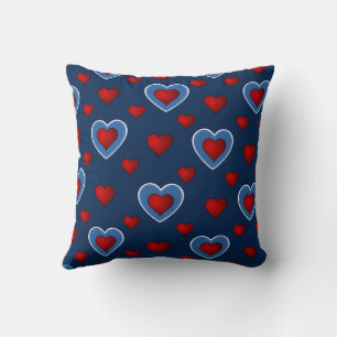 Blue Red Cute Cozy Modern Romantic Chic Heart Throw Pillow