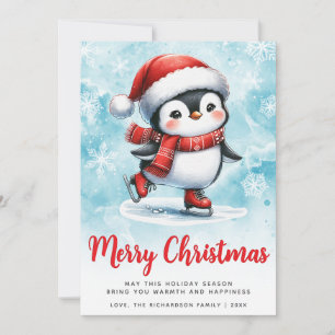 Blue Red Cute Ice Skating Penguin Merry Christmas Holiday Card