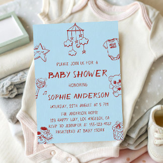 Blue & Red Cute Minimalist Doodle Baby Shower Invitation