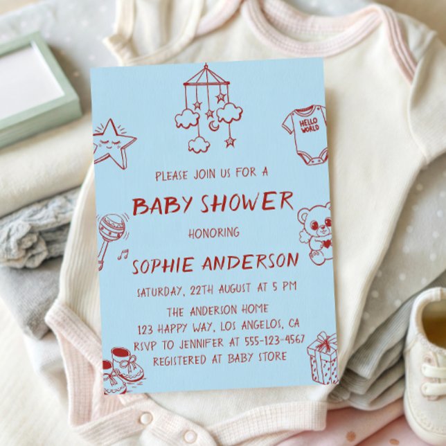 Blue & Red Cute Minimalist Doodle Baby Shower Invitation (Creator Uploaded)