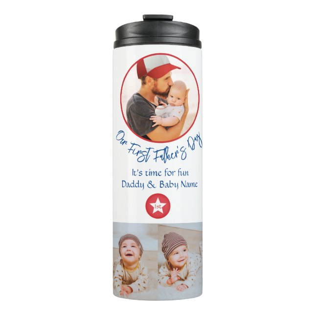 Blue Red Dad Cute Photo Collage First Fathers Day Thermal Tumbler (Front)