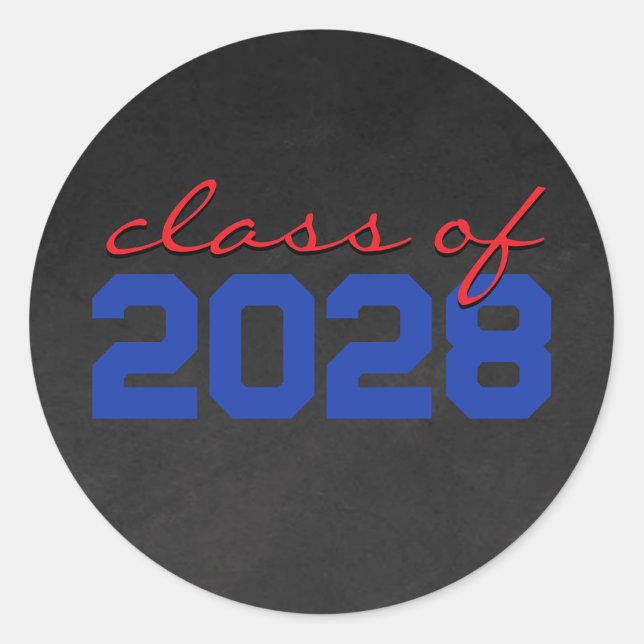 Blue & Red Dark Chalkboard Graduation Classic Round Sticker (Matching Envelopes, Return Address Labels & Envelope Seals)