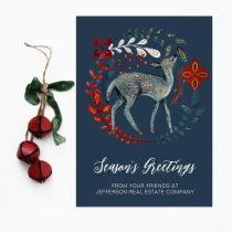 Blue Red Deer Wreath Nordic Folk Business  Holiday Card