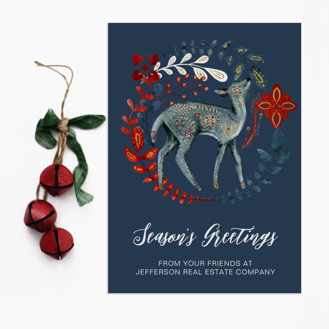 Blue Red Deer Wreath Nordic Folk Business  Holiday Card (Creator Uploaded)