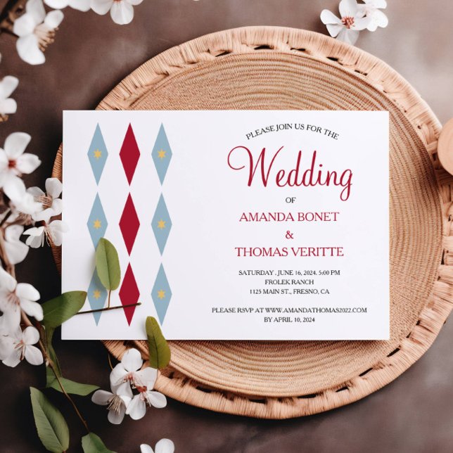 Blue Red Diamond Yellow Star Mid Century Wedding Invitation (Creator Uploaded)
