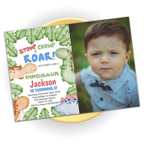 Blue Red Dinosaur Birthday Invitations with photo