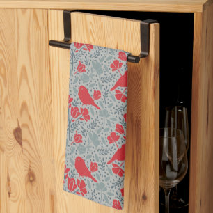 Blue & Red Ditzy Floral Birds Kitchen Towel