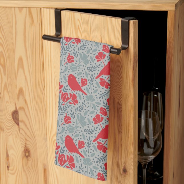 Blue & Red Ditzy Floral Birds Kitchen Towel (Thirds Fold)