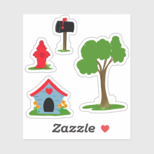 Blue Red doghouse Black mailbox Green tree Sticker