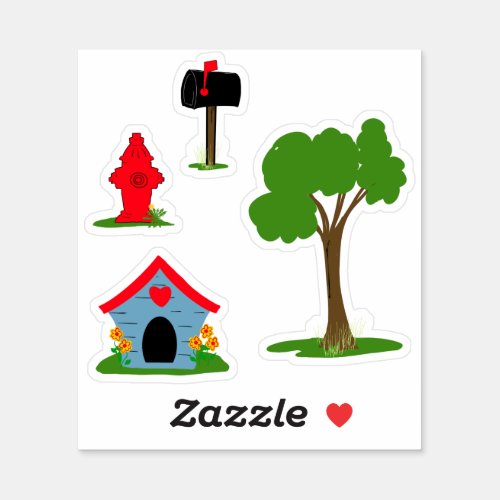 Blue Red doghouse Black mailbox Green tree Sticker