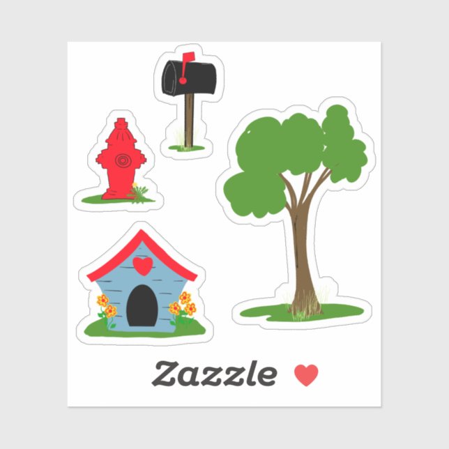 Blue Red doghouse Black mailbox Green tree Sticker (Sheet)