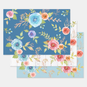 Blue red elegant country floral watercolor chic wrapping paper sheets