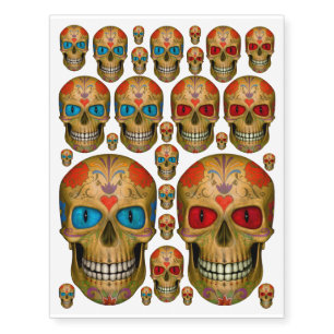 Blue & Red Eyed Sugar Skull Temporary Tattoo