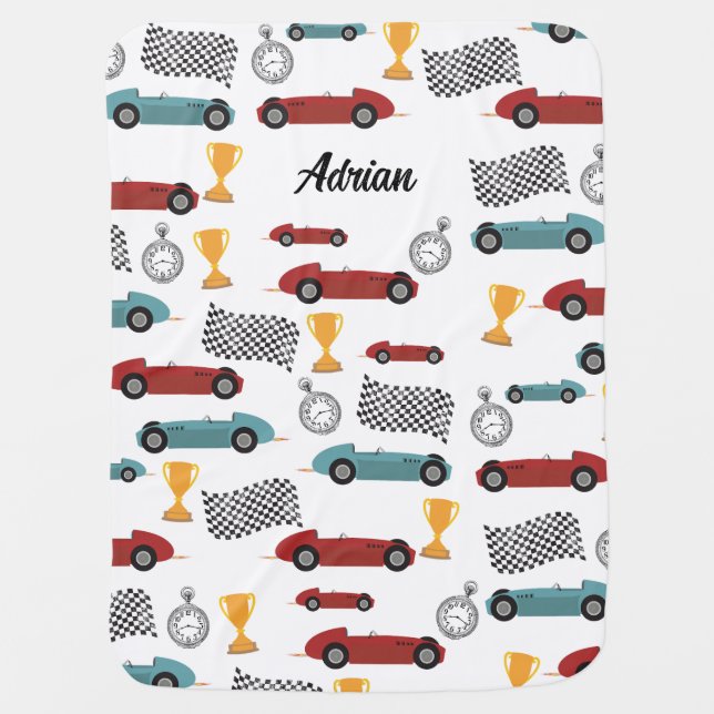 Blue & Red Fast Retro Vintage Racing Cars Baby Blanket (Front)