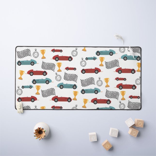 Blue & Red Fast Retro Vintage Racing Cars Desk Mat (Kids Table)