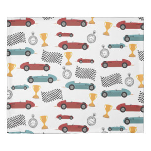 Blue & Red Fast Retro Vintage Racing Cars Duvet Cover