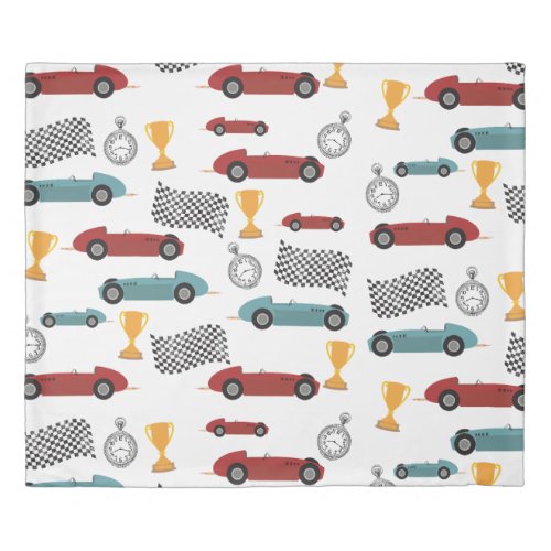 Blue  Red Fast Retro Vintage Racing Cars Duvet Cover