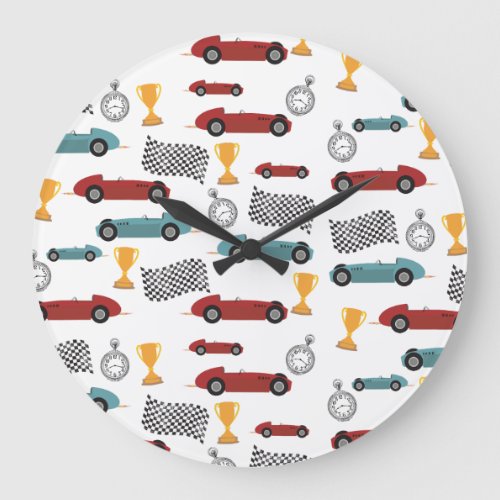 Blue  Red Fast Retro Vintage Racing Cars Large Clock