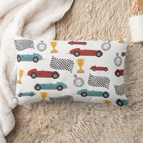 Blue  Red Fast Retro Vintage Racing Cars Lumbar Pillow