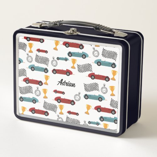 Blue  Red Fast Retro Vintage Racing Cars Metal Lunch Box