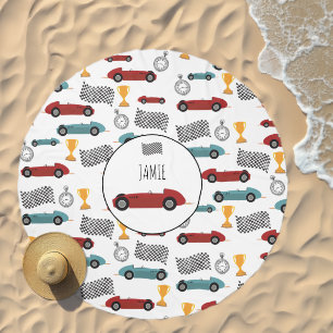 Blue & Red Fast Retro Vintage Racing Cars Name Beach Towel