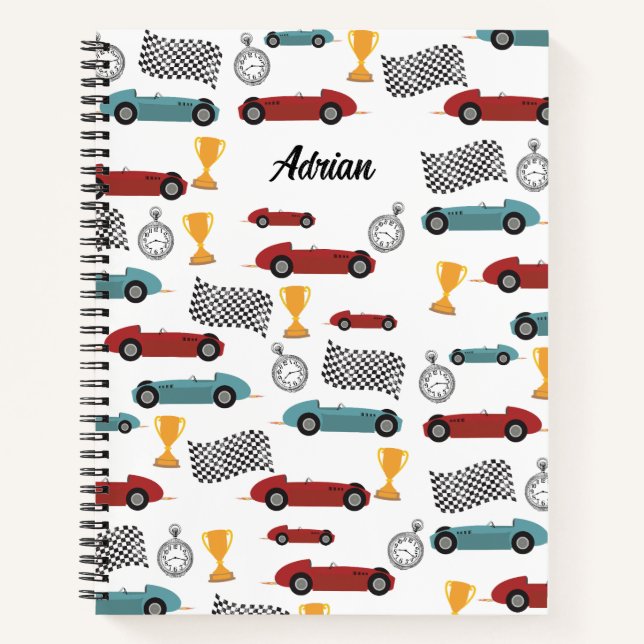 Blue & Red Fast Retro Vintage Racing Cars Notebook (Front)