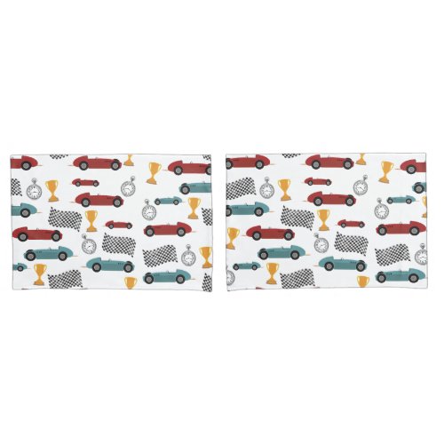 Blue  Red Fast Retro Vintage Racing Cars Pillow Case