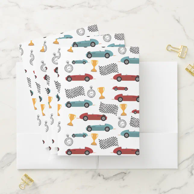 File Folder Racing Cars Blue & Red Fast Retro Vintage Racing Cars Pocket Folder | Zazzle