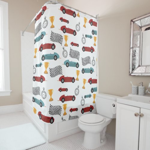 Blue  Red Fast Retro Vintage Racing Cars Shower Curtain
