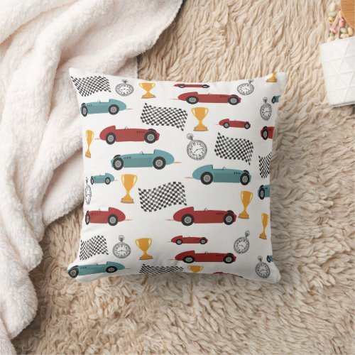 Blue  Red Fast Retro Vintage Racing Cars Throw Pillow