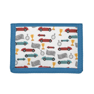 Blue & Red Fast Retro Vintage Racing Cars Trifold Wallet