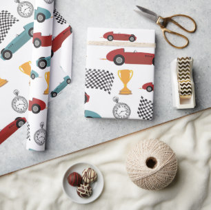 Blue & Red Fast Retro Vintage Racing Cars Wrapping Paper