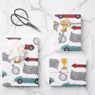Blue & Red Fast Retro Vintage Racing Cars Wrapping Paper Sheets