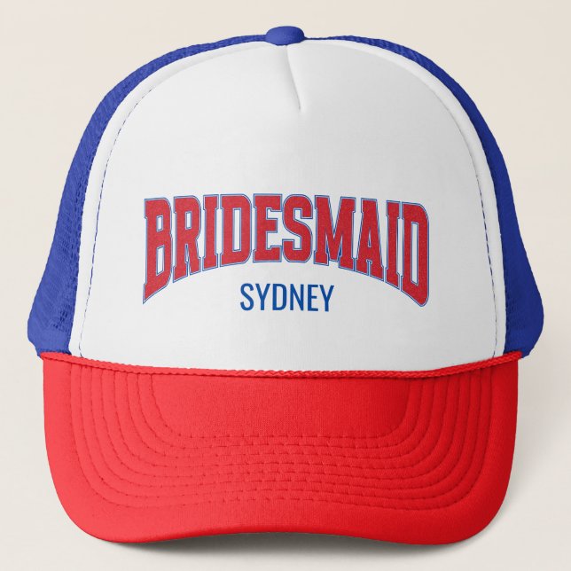 Blue + Red Faux Glitter BRIDESMAID Bachelorette Trucker Hat (Front)