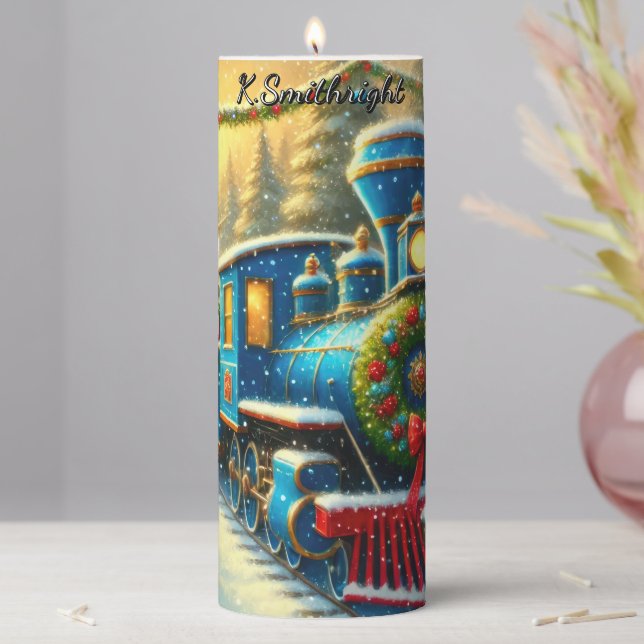 Blue Red Festive Train Ornament Forest Pillar Candle (In Situ)
