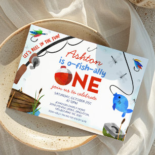 Blue Red Fishing Ofishally One 1st Birthday  Invitation
