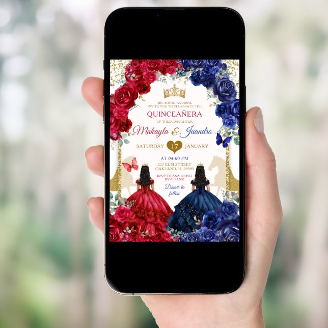 Blue Red Floral Elegant Twins Girls Quinceanera Invitation (Front Digital)
