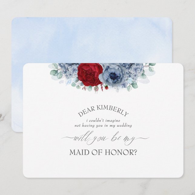 Blue Red Floral Maid of Honor Bridesmaid Proposal Invitation (Front/Back)