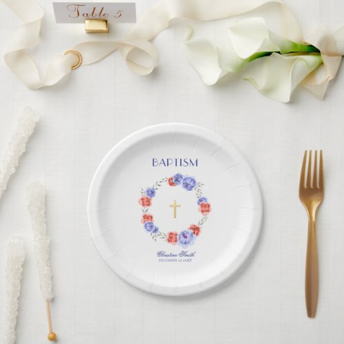 Blue Red Floral Watercolor Baptism Christening Paper Plates