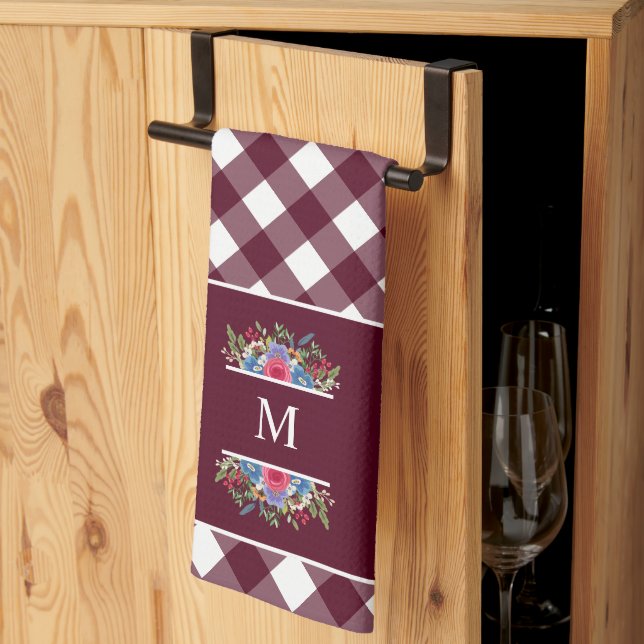 Blue Red Flower Bouquets Burgundy Plaid Monogram  Kitchen Towel (Thirds Fold)