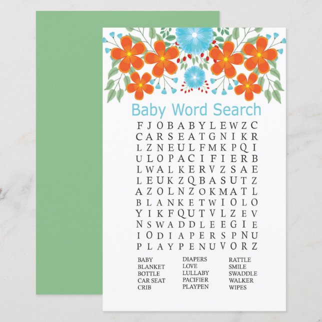 Blue Red Flowers Baby Shower Word Search Game (Front/Back)