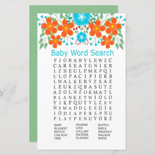 Blue Red Flowers Baby Shower Word Search Game