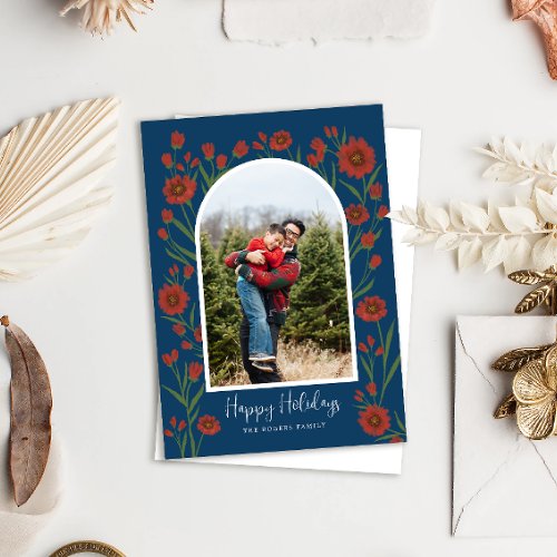 Blue Red Flowers Boho Arched Photo Holiday Card