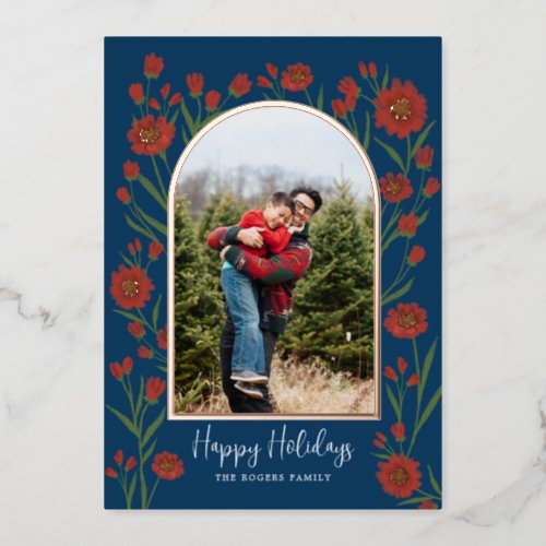 Blue Red Flowers Boho Arched Photo Holiday Card