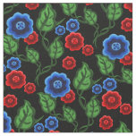 Blue/red flowers/green leaves/Folk  floral/black Fabric