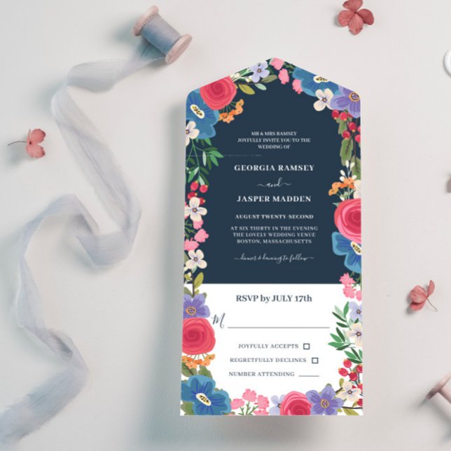 Blue Red Flowers Navy Floral Wedding All In One Invitation (Creator Uploaded)