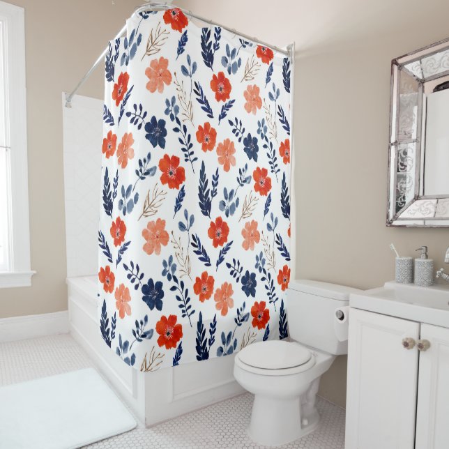 Blue& Red Flowers Watercolor Aesthetic Floral Shower Curtain (In Situ)