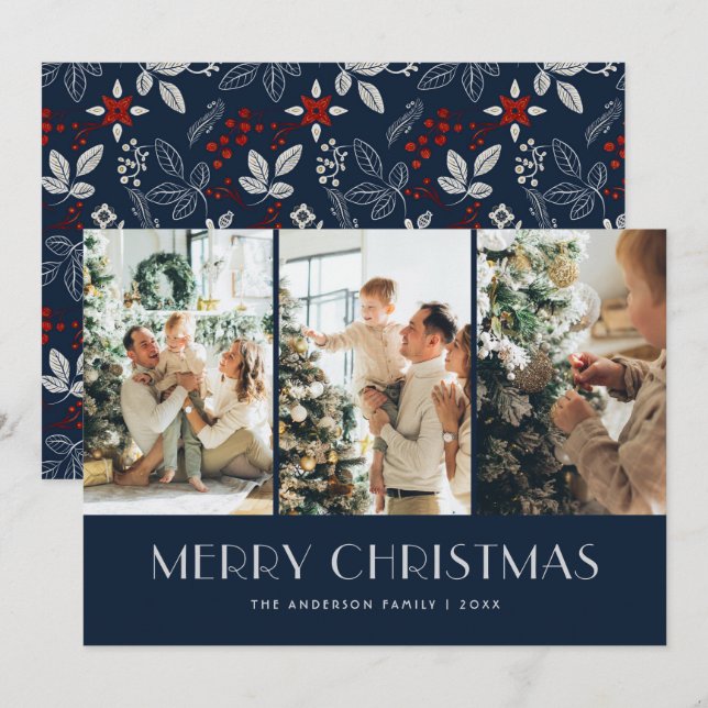 Blue Red Folk Botanical Merry Christmas Holiday Card (Front/Back)